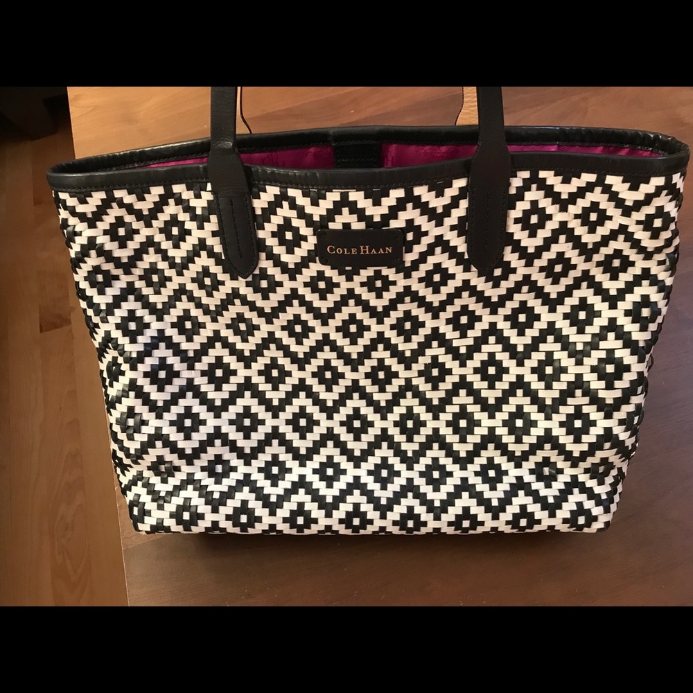 Cole Haan Eloise Woven Sequoia Tote ~Black & White
